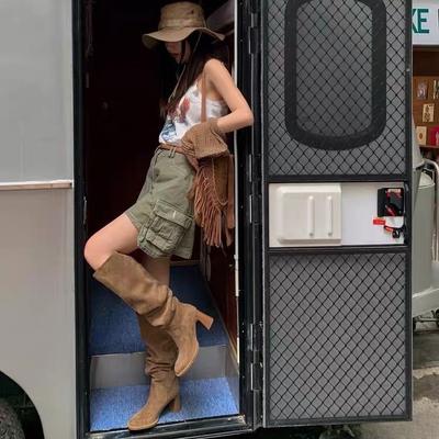 Высокие сапоги-трубы вокруг колена женские новые осенне-зимние на высоком каблуке плиссированные сапоги-чулки на толстом каблуке сапоги-рыцари