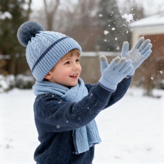 Набор из 3 предметов: детская шапка, шарф, перчатки, однотонный, с текстурой «косичка», украшение плюшевым помпоном, шапка, длинный шарф, перчатки, эластичные зимние аксессуары