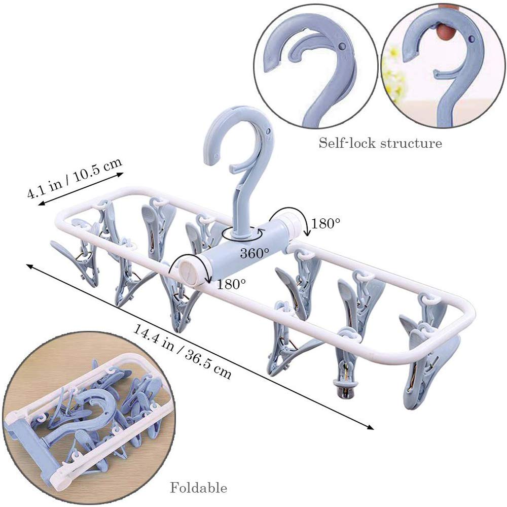 Foshine Folding Stainless Steel Clothes Drying Hanger, 2-Pack, 24 Clothes Pinch Hangers, Portable Hanger, Travel Hanger, Blue, Purple