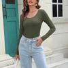 Женская мода повседневный однотонный тонкий топ с длинным рукавом и круглым вырезом