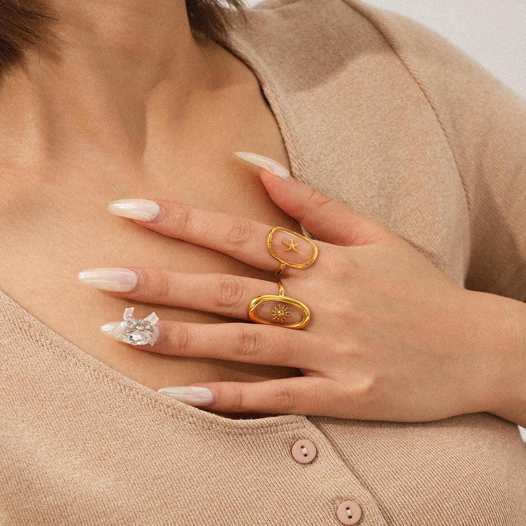 European-American Luxury Open Ring: 18k Gold-Plated Stainless Steel with Epoxy Sun Design for Women