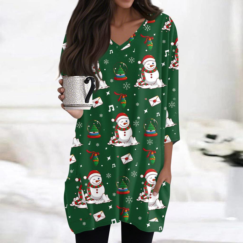 Женские топы с V-образным вырезом и рукавом 3/4, повседневные блузки средней длины, модные туники с рождественским принтом и карманами