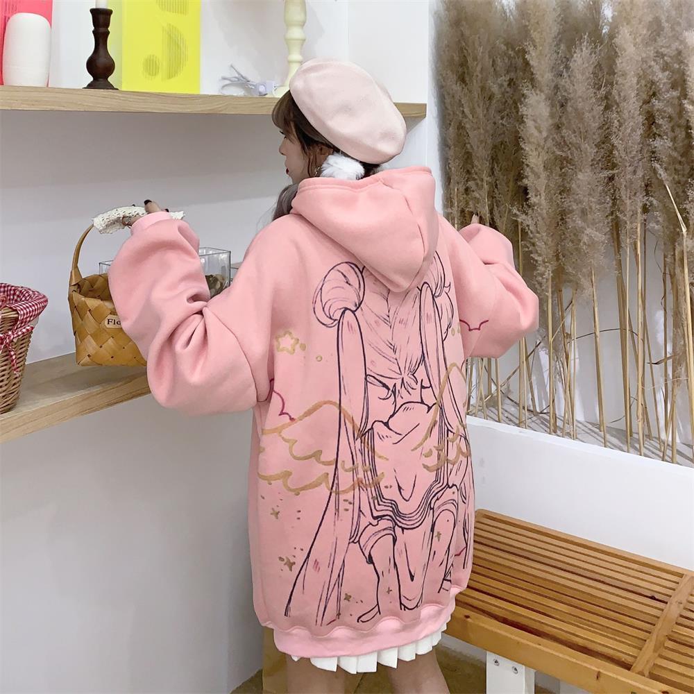 Уличная толстовка Kawaii для женщин, зимняя винтажная толстовка большого размера с принтом, розовая женская бархатная толстовка в стиле аниме, женские теплые топы