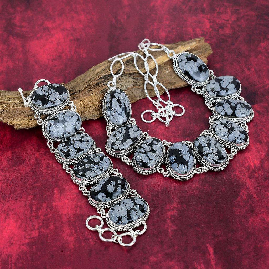 Snowflake Obsidian Handmade Jewelry Set, 925 Solid Sterling Silver Jewelry, Beauteous Unique Design Bracelet & Necklace Set For Her