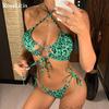 Sexy High Cut Thong Leopard Bikini Women Swimwear Female Swimsuit Bikini Set Lace Up Bather Bathing Suit