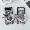Black and White Check Pearl Camellia Phone Case for Samsung Galaxy Z Flip 3 4 5 Flip Folding Screen Portable Chain Phone Case