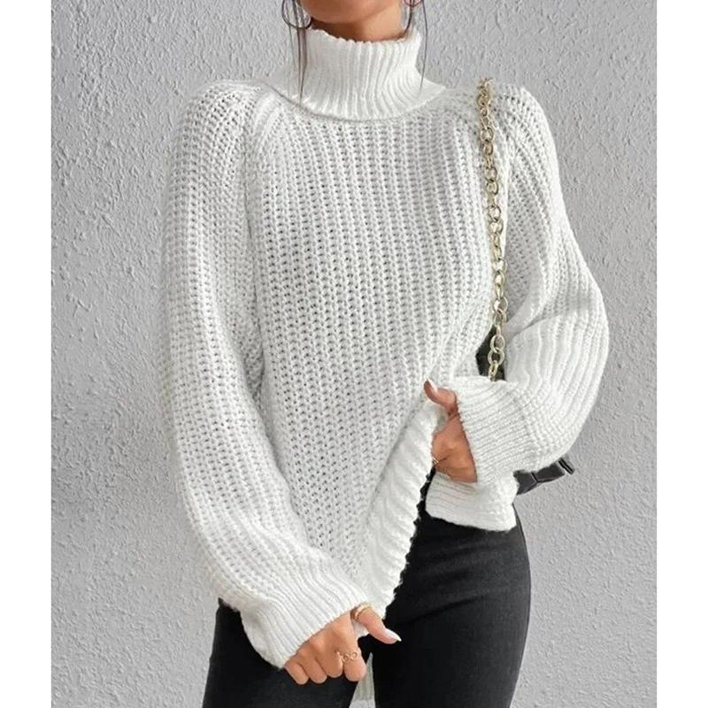 2024 Осень Зима Мягкий Трикотаж Модный Реглан Длинный Рукав Водолазка Раздельный Свитер Повседневный Теплый Однотонный Пуловер Средней Длины 29572