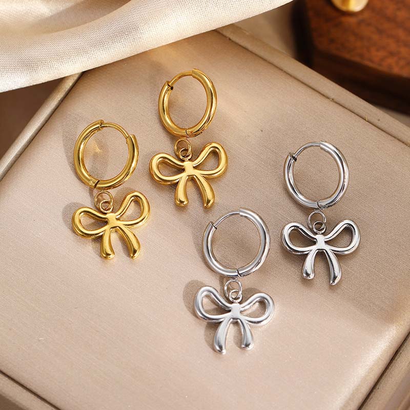 Stainless Steel Gold Color Bowknot Dangle Earrings For Women Fashion Metal Bow Temperament Earrings Jewelry Gifts