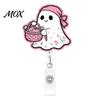 Smooth Retractable Cord Reel Halloween Ghost Badge Reel, Glitter Acrylic Holder Clip, Cute Pink Clear ID Name for Women Nurse Teacher Medical