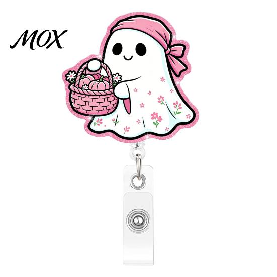 Smooth Retractable Cord Reel Halloween Ghost Badge Reel, Glitter Acrylic Holder Clip, Cute Pink Clear ID Name for Women Nurse Teacher Medical