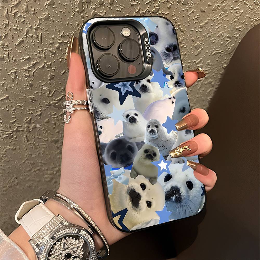 Чехол для телефона 'Тюлень и Морская Креветка' для iPhone 15,17,11,14,13,16,12,E,Max,Plus,Air,Pro,Mini, Черный Матовый
