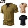 Мужская футболка-henley с жаккардовым узором "гусиная лапка" - Поло с 4 пуговицами, короткий рукав, повседневная, облегающий крой, ежедневные топы в 3 универсальных цветовых вариантах