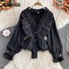 Autumn Women's V-neck Beaded Denim Jacket Short Loose Bf Casual Tops
