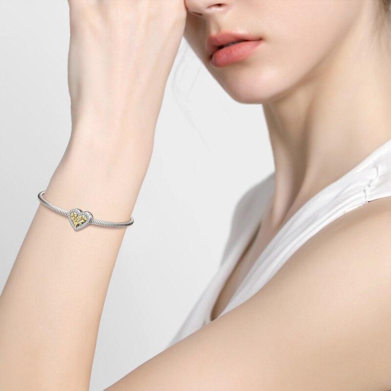 Jiuhao Classic Tree Of Life Heart Charms Silver -Colours With Gold Clear Cz For Original Bracelet Bands Jewelry Diy Gift