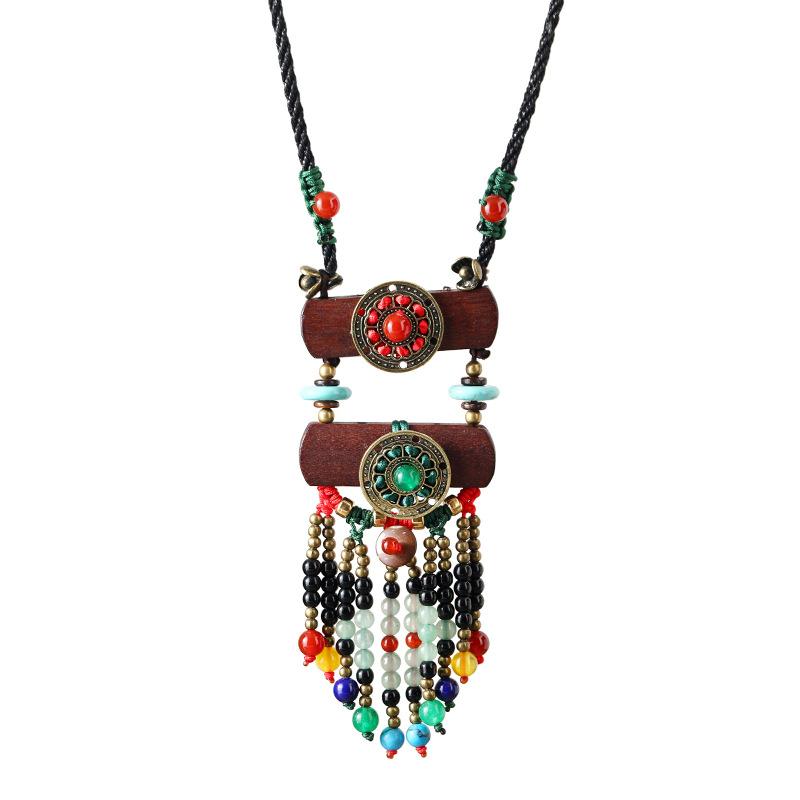 Женская винтажная этническая длинная цепочка-свитер с кисточками, плетеная деревянная подвеска из халцедона, ювелирное изделие с художественным темпераментом