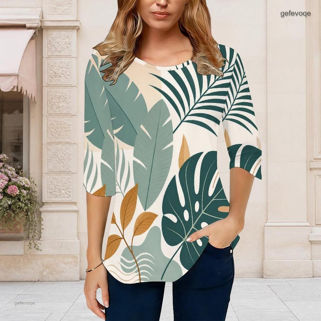 Women Plus Size Round Neck 3 4 Sleeve Navy Tropical Leaf Printed T Shirt Curved Hem