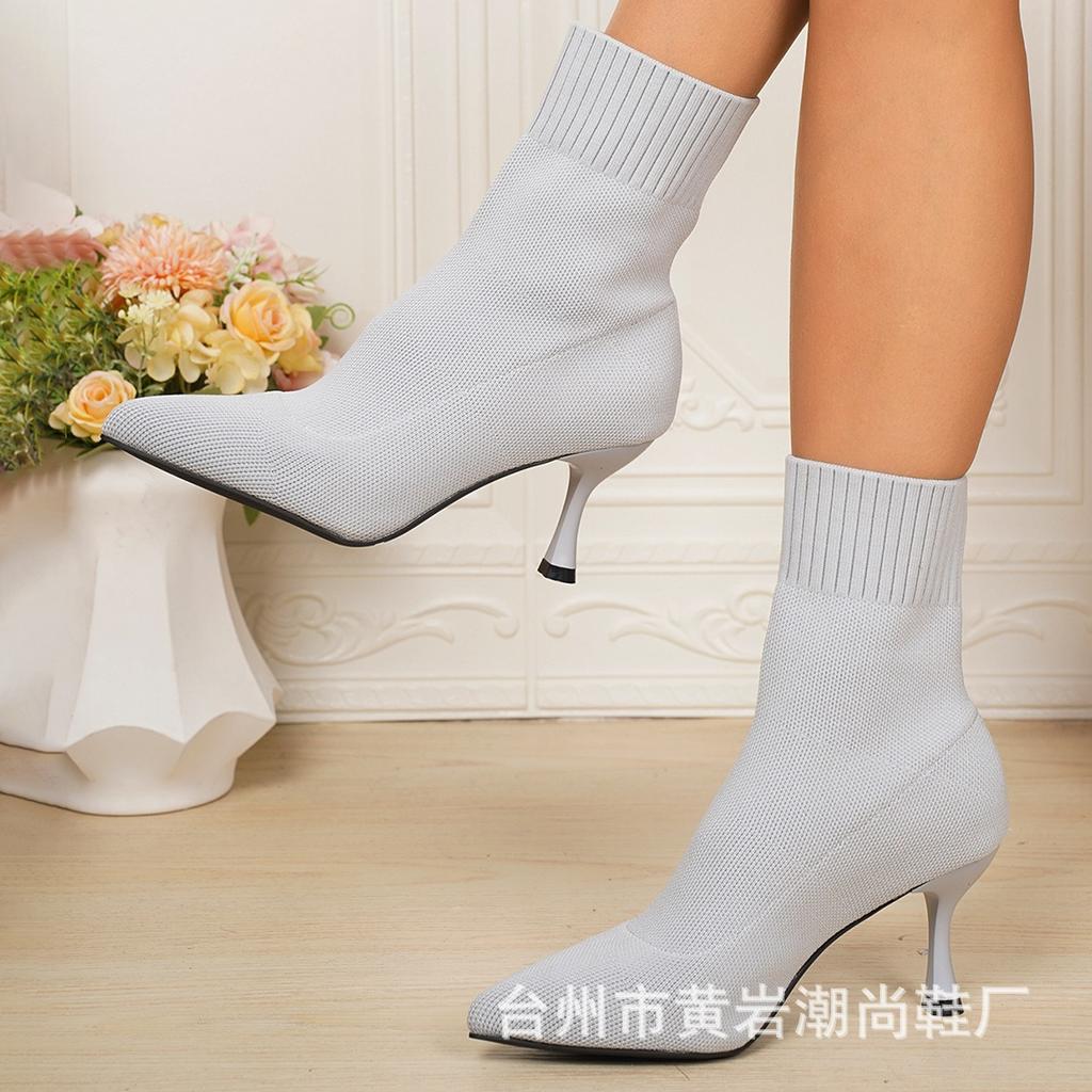 Женские модные вязаные ажурные короткие сапоги на высоком каблуке с элегантным характером, из мягкой и эластичной ткани, повседневные и удобные для ношения с джинсами