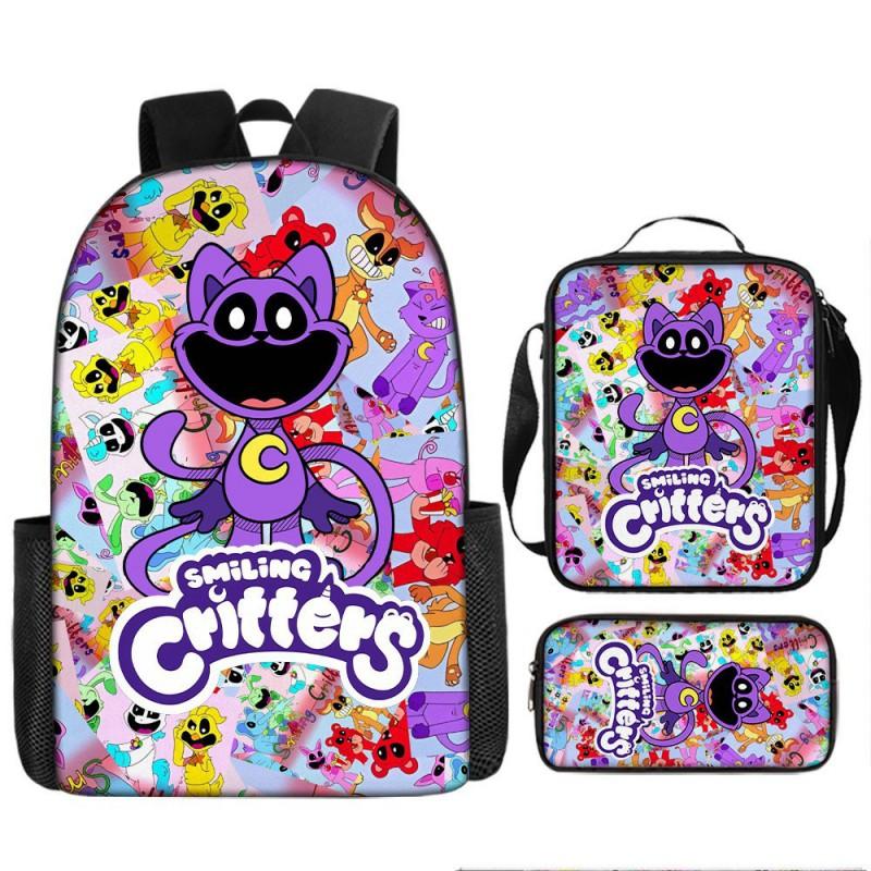 Kids School Backpack Set With Cartoon Smiling Creatures - 3-Piece Oxford Fabric Bag Elementary Students