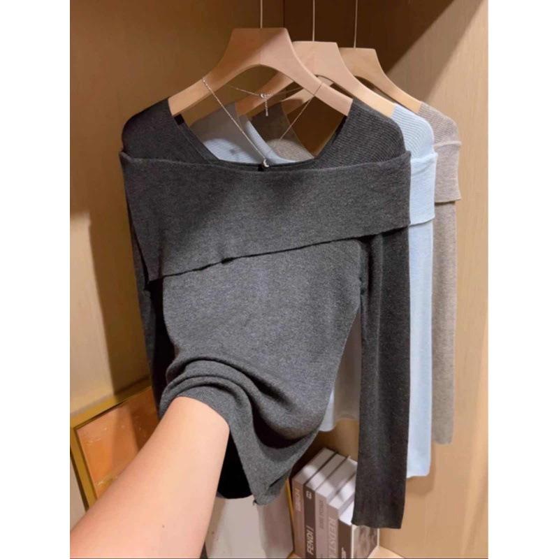 One-word Shoulder Long-sleeved Knitted Bottoming Shirt for Women's Early Autumn Inner Wear Atmosphere Sweater, Thin Waist Top