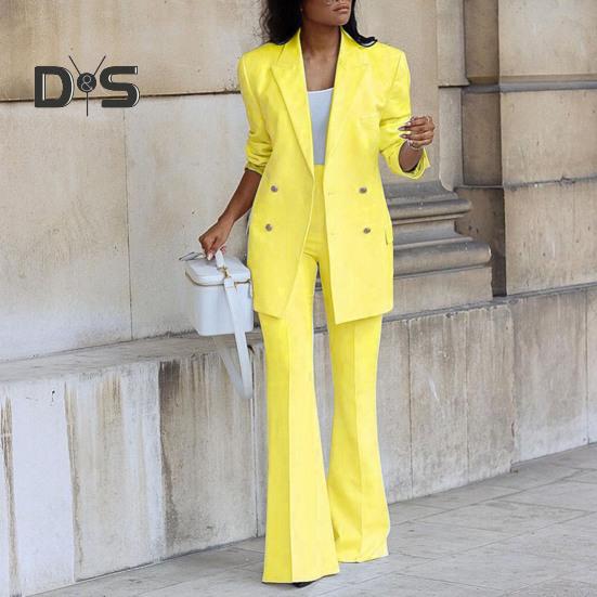 2 шт./компл., женское пальто, комплект брюк, двубортный кардиган средней длины с лацканами, куртка с длинными рукавами, широкие брюки с высокой талией, прямые брюки, женские формальные брюки для поездок на работу