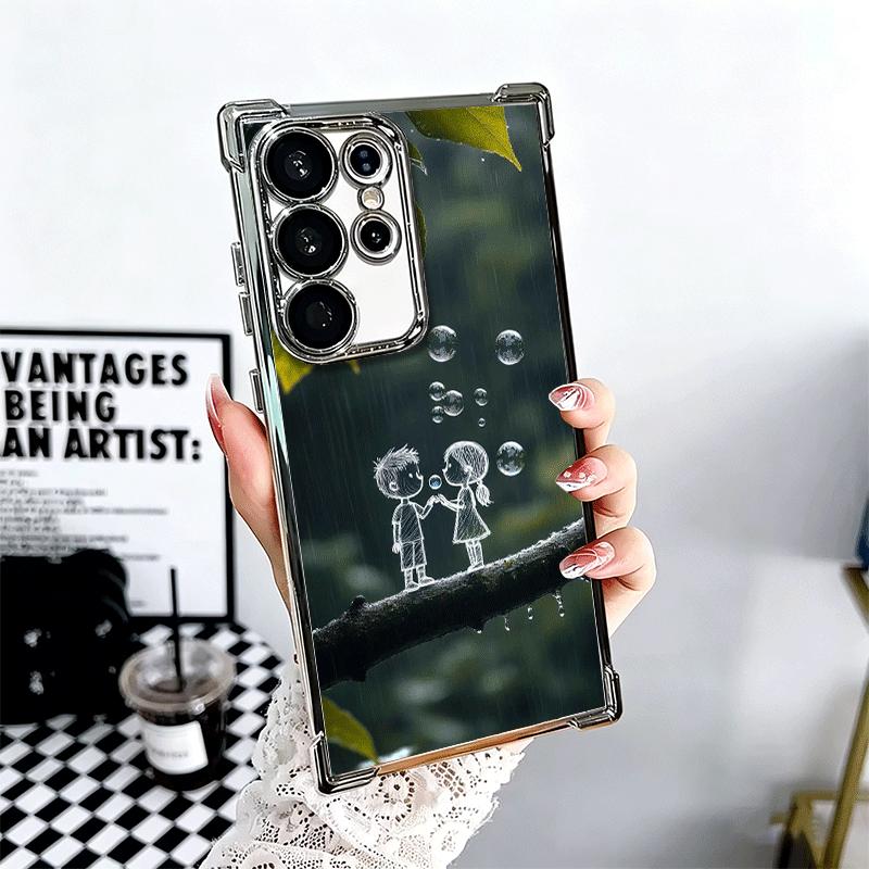 Nature Cute Child Painting Style Plating Phone Case For Samsung Galaxy S24 S25 FE S26 Edge S23 Ultra S22 S21 Plus S20 Anti-Fall