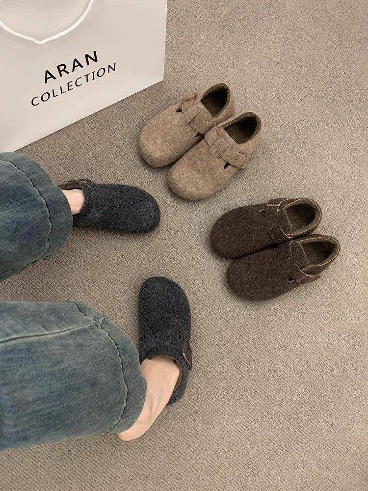 Ретро круглый носок фетровый флис Birkenstocks женские флисовые осенне-зимние на одной педали термохлопковые женские туфли шерстяные лоферы