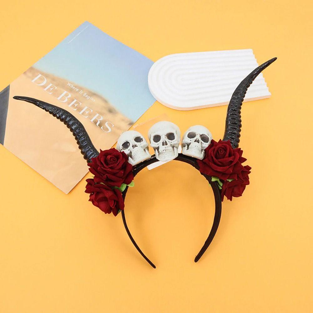 Skull Ox Horns Headband Gothic Style Red Rose Headband Hairbands Sheep Horn Hairband Costume Party