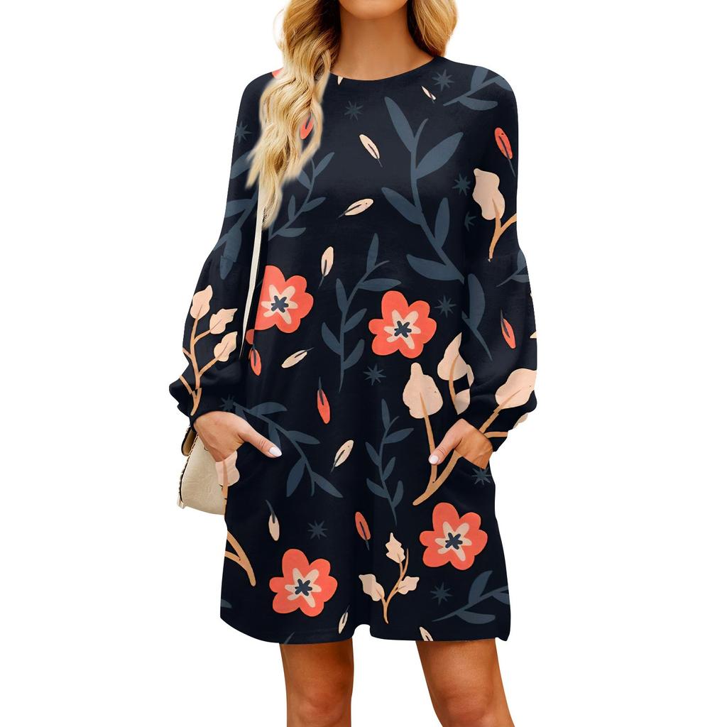 Модное женское осеннее повседневное свободное платье с длинным рукавом и цветочным принтом