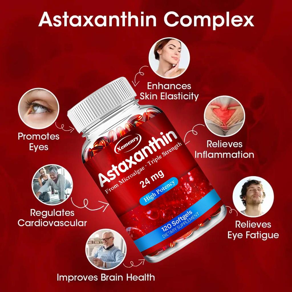Each serving contains 24 mg of astaxanthin, an antioxidant supplement suitable for skin, eyes, joints, and immune support.