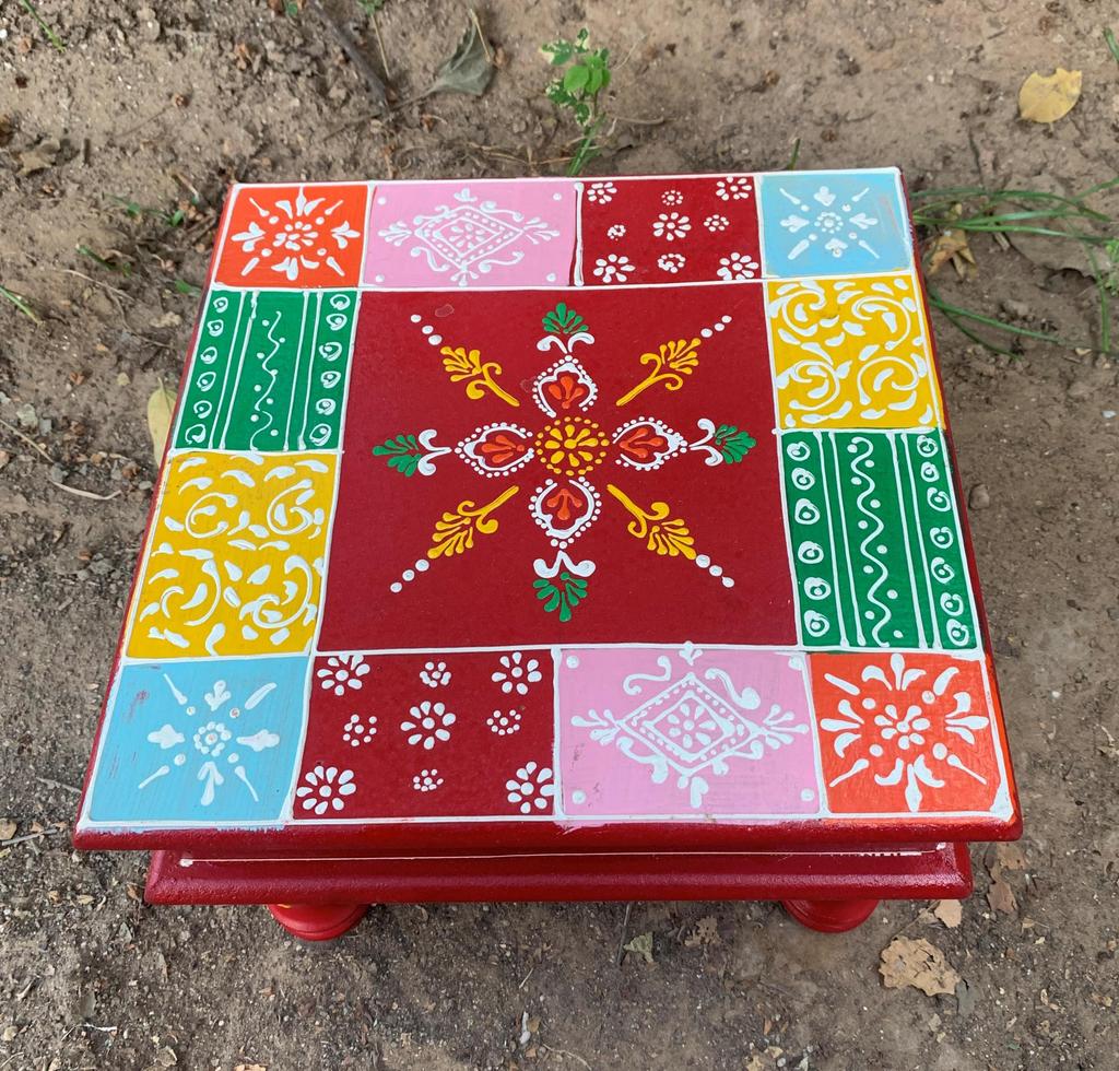 Hand Painted Wooden Chowki | Traditional Indian Pooja Bajot | Colorful Folk Art Decor