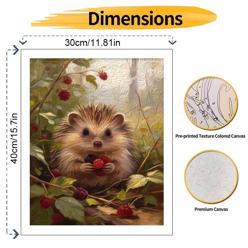 Oil painting digital painting kit handmade diy painting home decoration painting.Cute hedgehog eating berries in forest landscape
