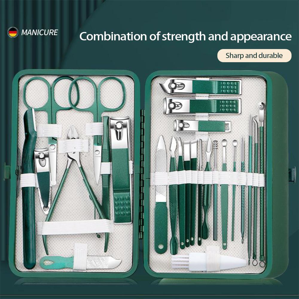 Набор из 26 темно-зеленых маникюрных щипчиков из нержавеющей стали с кусачками для удаления омертвевшей кожи, ножницами для ногтей, инструментами для ногтей