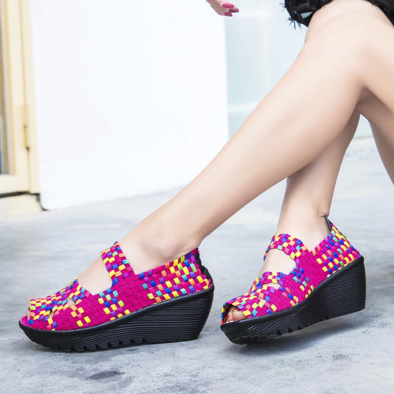 Women's Woven Sandals Summer Sloping Puffy Cake Thick Sole Cloth Fish Mouth Sports Sandals