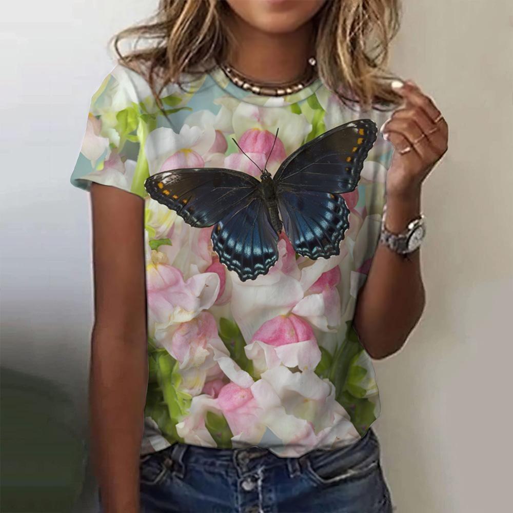 2025 Летняя модная блузка, женские футболки, футболка с 3D-бабочкой, повседневный топ с коротким рукавом, базовая женская одежда больших размеров