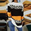 Winter Fall Women Fashion Leopard Print Patchwork Sweater Loose Knitted Top