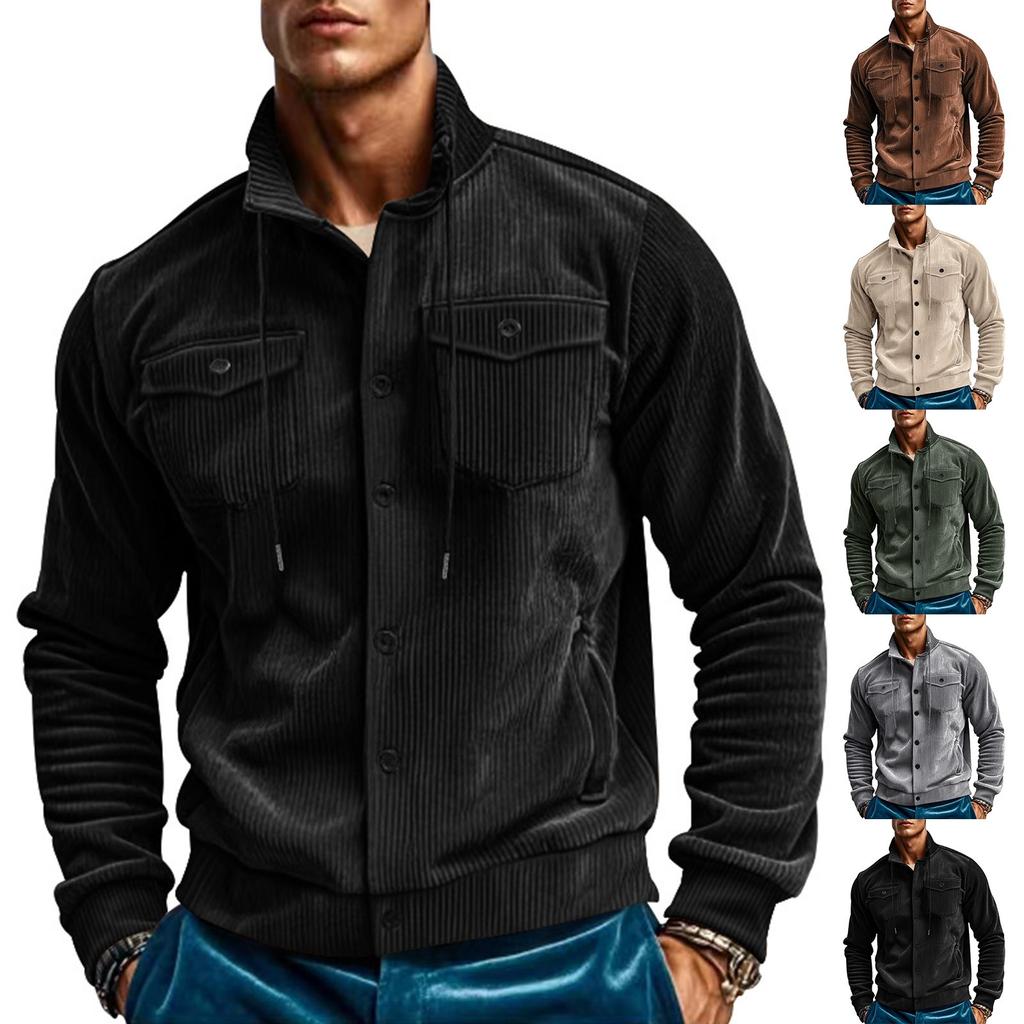 Men's Solid Color Corduroy Lapel Jacket Men's Retro Multi-Pocket Work Jacket