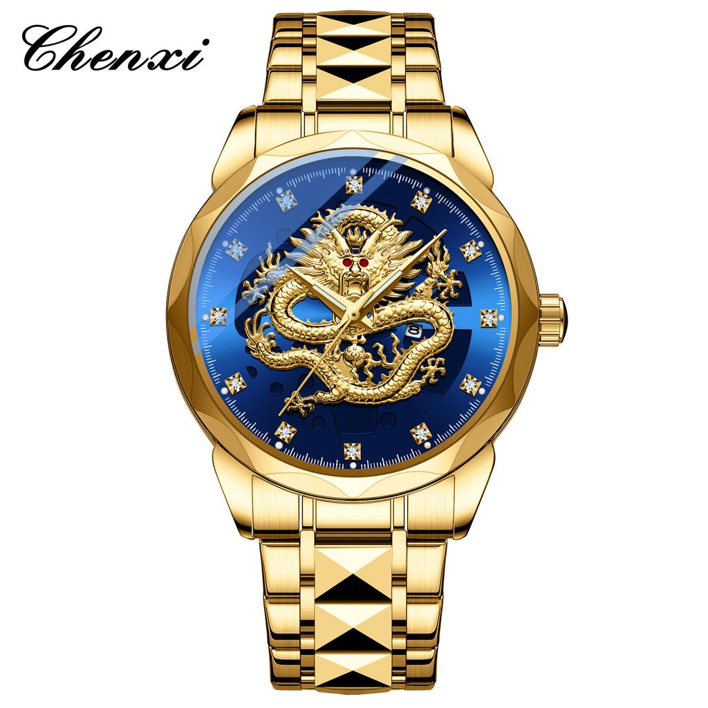 Chenxi Роскошные кварцевые часы с рельефным золотым драконом, мужские часы, оригинальный дизайн, водонепроницаемые, кварцевый механизм, стрелки часов