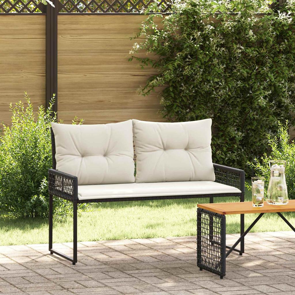 Outdoor Bench with Cushions Black and Cream White 118 x 55 x 82 cm