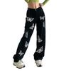 Fashion Women Butterfly Print Slim Jeans Straight High Waist Casual Trousers