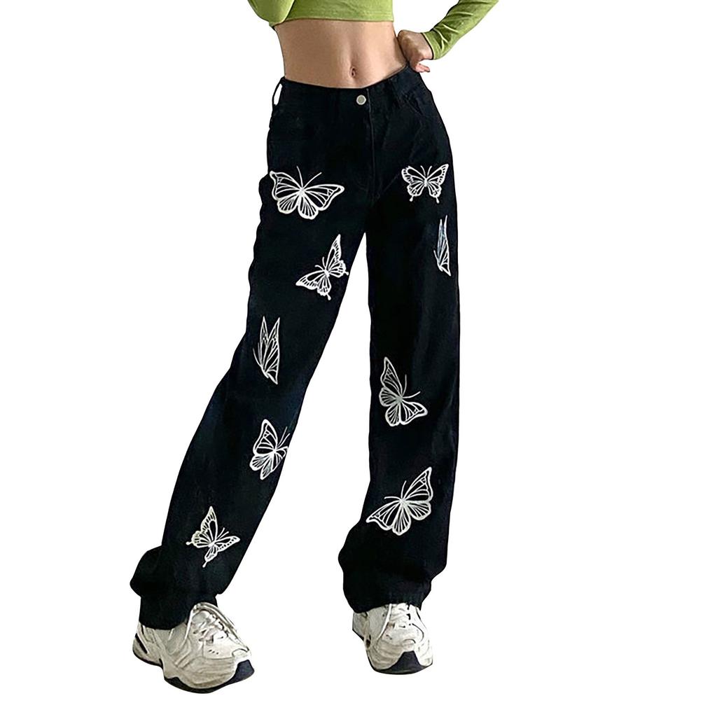 Fashion Women Butterfly Print Slim Jeans Straight High Waist Casual Trousers
