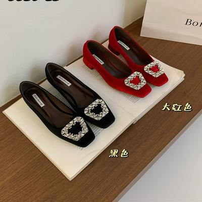 Маленькие кожаные туфли женские юбка туфли на плоской подошве черные осень и зима французский квадратный носок стразы одинарные туфли маленькие ароматные вечерние туфли