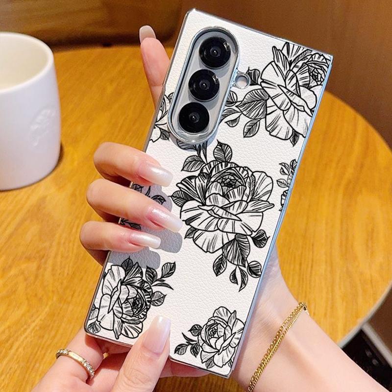 Чехол с узором 'Линия Цветы' для Samsung Z Fold 7 6 5, Роскошный Гибридный 3-в-1, Кожаная Накладка 'Skin', Покрытие, Складной Чехол для Телефона для Samsung Z Fold7 Fold6 Fold5