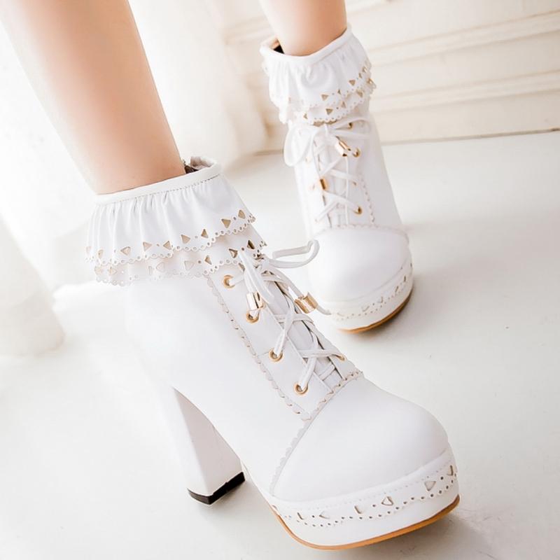 Осенне-зимние женские ботильоны на платформе, белые, черные, розовые, милые короткие ботинки, на шнуровке, туфли в стиле Лолиты для девочек, большой размер 45