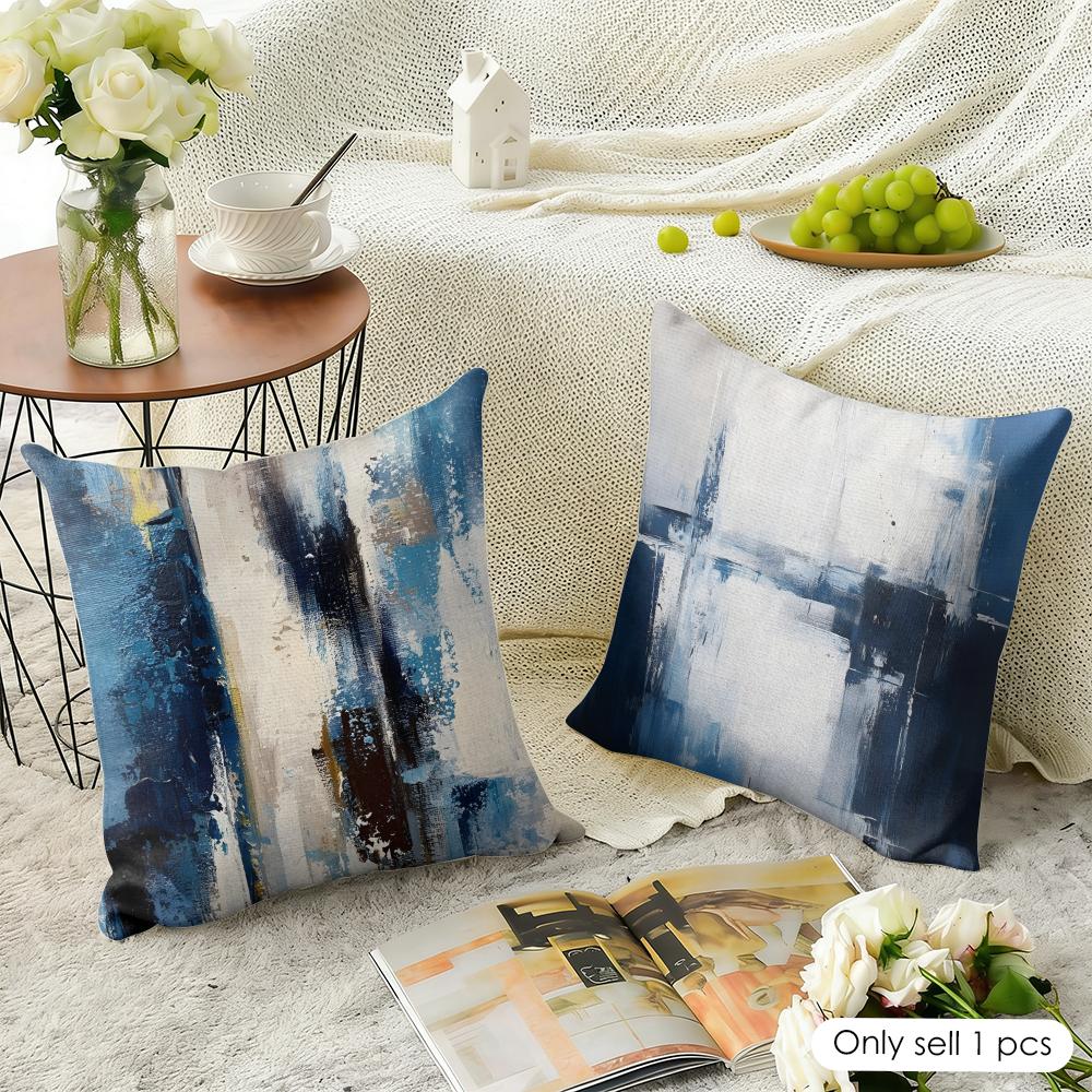 Alricc Blue Gray Abstract Art Cushion Cover Natural Linen Organic Fabric Double-Sided Printing Breathable Perfect For Home Decor