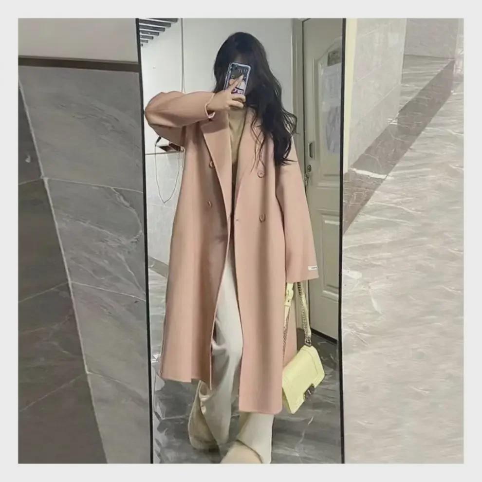 Женское шерстяное пальто средней длины осень/зима 2023 года, стиль Хепберн, свободный крой, корейская мода.