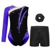 Girls Rhinestone Color Block Asymmetrical Leotard Round Neck Gymnastics Skating Outfit Set