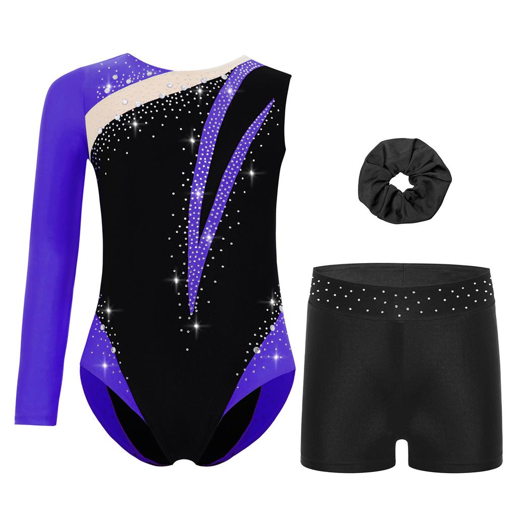 Girls Rhinestone Color Block Asymmetrical Leotard Round Neck Gymnastics Skating Outfit Set