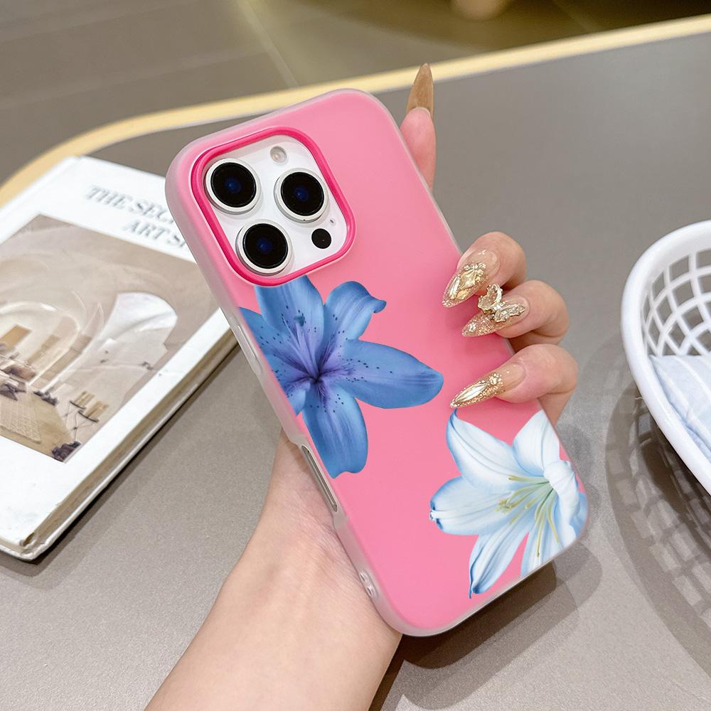 Силиконовый Матовый Чехол для Телефона 2 в 1 Конфетного Цвета для iPhone 17 Air 16e 16 15 14 13 Plus 12 11 Pro X XR Max Элегантный Синий Узор Лилии