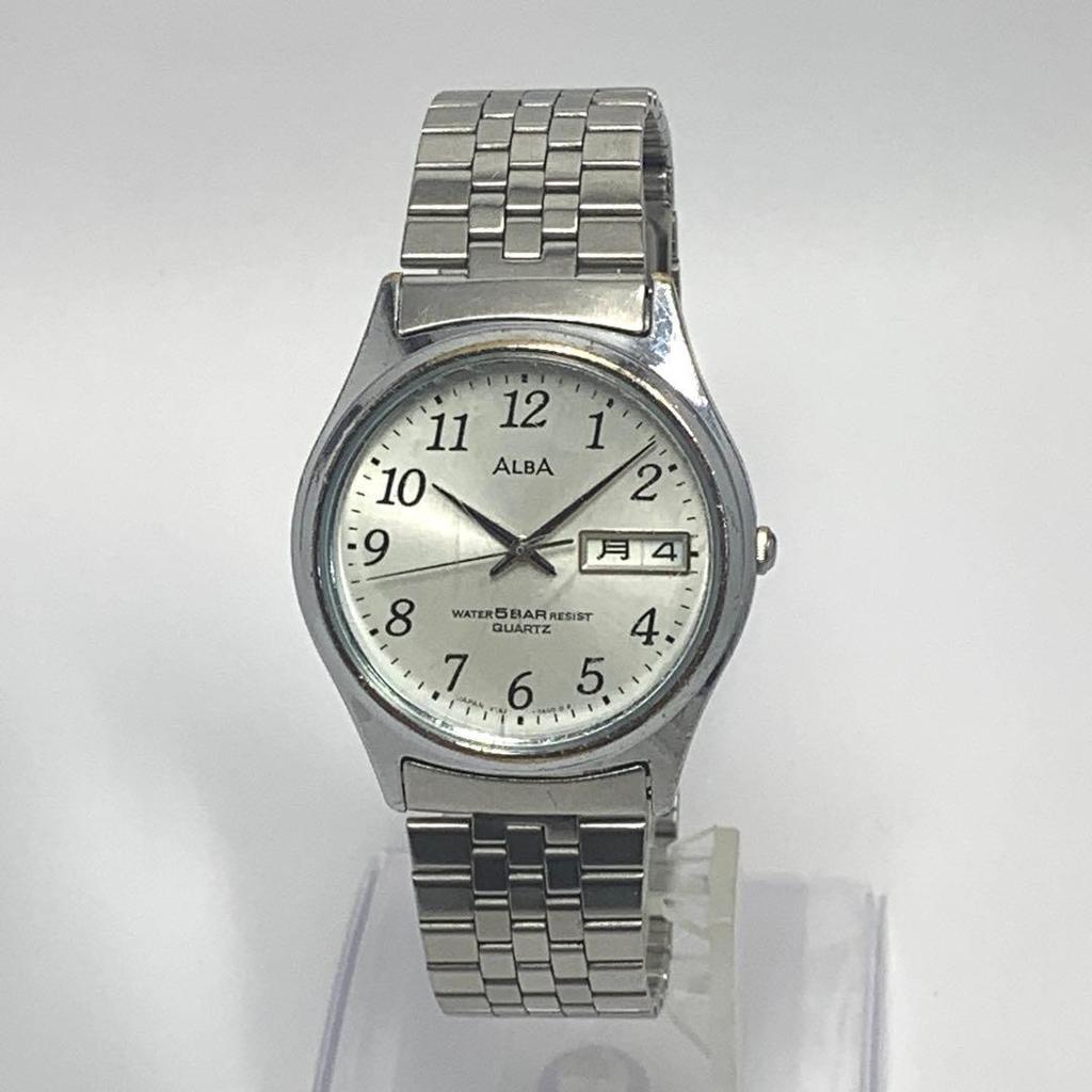 282 [Батарейка заменена и часы почищены] Рабочие мужские часы SEIKO Seiko ALBA Silver Day Date Calendar Quartz Популярные Редкие