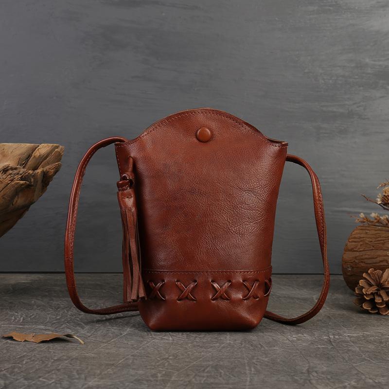 Женская сумка, винтажный верхний слой, плетеная сумка для телефона из коровьей кожи, мини-сумка через плечо на одно плечо, повседневная сумка-ведро с кисточками